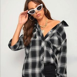 SHEIN Drop Shoulder Single Breasted Plaid Blouse